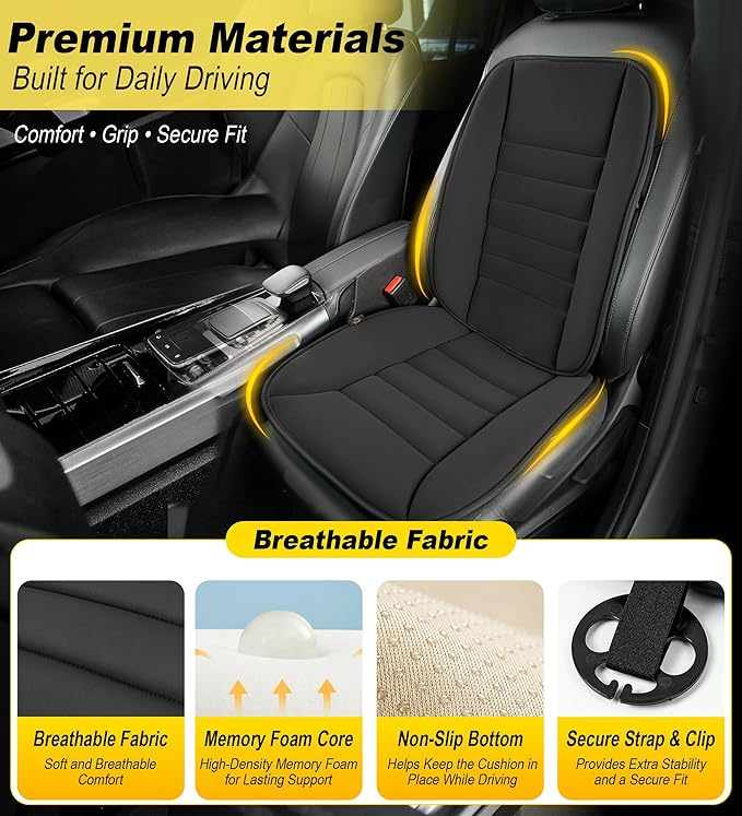 kingphenix 5-Piece Memory Foam Car Seat Cushion Set with Full Back Support Pillow, Comfort for Long Drives & Road Trips, Universal Automotive Comfort for Most Car, Van, Truck, SUV, Black
