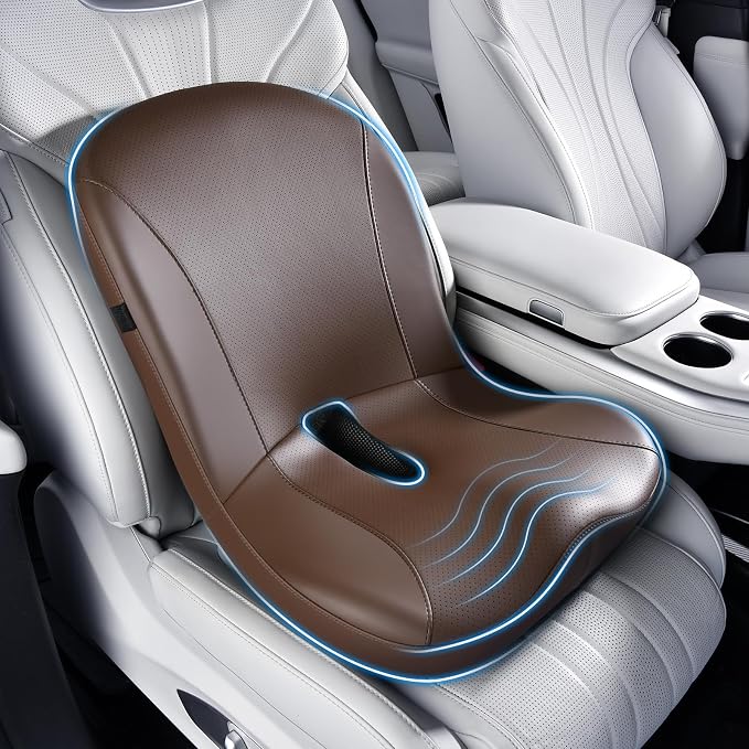 Coverado Car Seat Cushion and Lumbar Support Pillow One Piece, Napa Leather Memory Foam Ergonomic Back Support Driving Seat Cushion for Back Pain, Non-Slip Washable Cushion for Car, Driver, Office