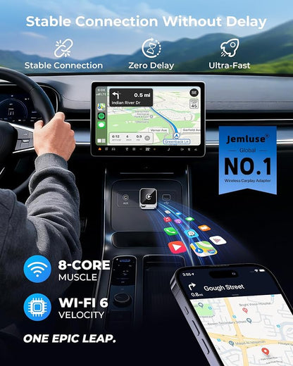 Jemluse Wireless CarPlay Adapter for Apple - Mini Size, Fast Stable Connection Convert Wired to Wireless Car Play Dongle for iPhone iOS 10+, Plug & Play for Cars from 2016+ w/USB-C (Silver)