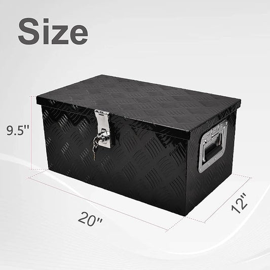 20 Inch Tool Box Flatbox Truck Car Outdoor Trailer Pickup Underbody Toolbox,RV Storage Organizer,Underbed Tools Organizer W/Lock & Keys, Black Aluminum 5 Bar Tread(20''X12''X9.5'')