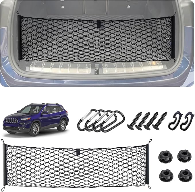 Envelope Style Cargo Net for 2014-2022 2023 Jeep Cherokee Accessories, Rear Trunk SUV Mesh Cargo Net, Upgraded 5mm Bungee & Double-Layer Nylon Storage Tailgate Netting Grocery&Tools Holder Organizer