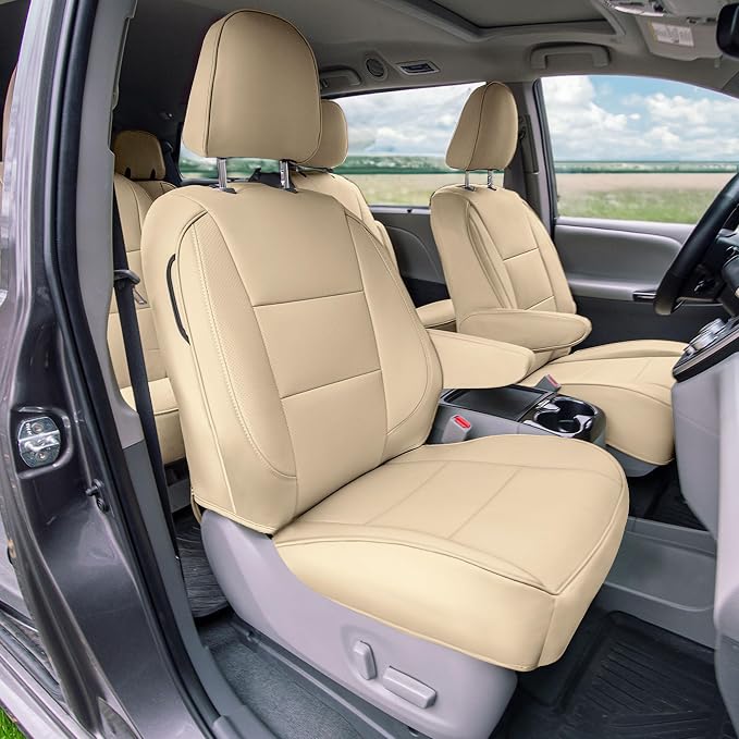 FH Group Custom Fit Car Seat Covers Specifically Made for 2011-2020 Toyota Sienna 7 Passenger, Car Seat Cover Full Set, Automotive Seat Covers in Solid Beige Faux Leather, Waterproof and Washable