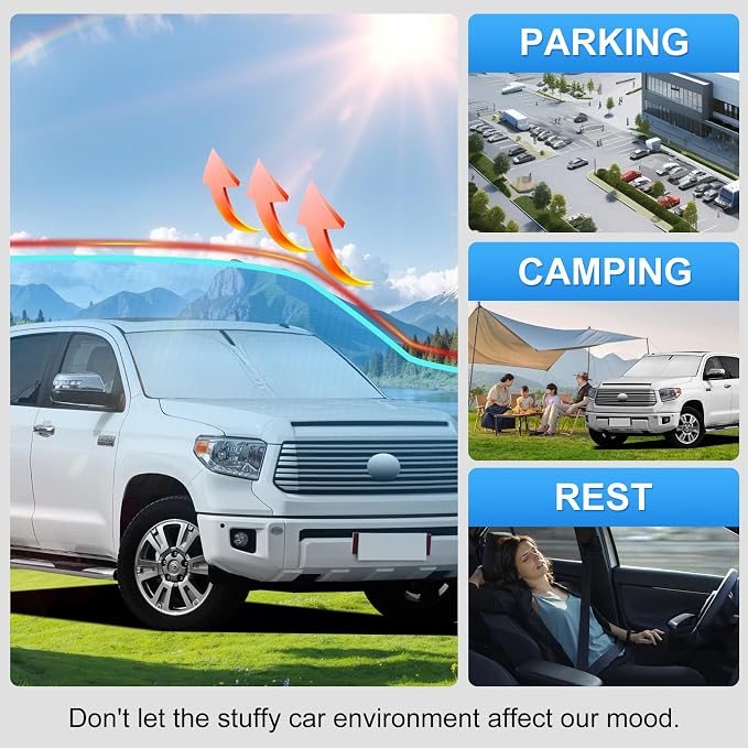 Custom Fit Windshield Sun Shade for Toyota Tundra 2007-2021 | Custom Fit Windshield Cover, Blocks UV Rays, Double-Layer Heat Shield, Durable Frame, Easy Fold & Storage