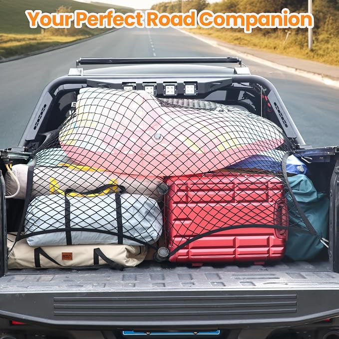 Truck Bed Net – Highly Elastic Cargo Net for Pickup Truck Beds, Stretchable Mesh Organizer Expands from 4'x4' to 7'x7', Suitable for Daily Light Loads on Truck, ATV, SUV, UTV & Boats (Single Layer)