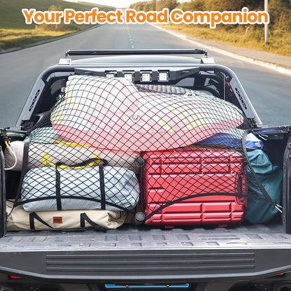 Truck Bed Net – Highly Elastic Cargo Net for Pickup Truck Beds, Stretchable Mesh Organizer Expands from 4'x4' to 7'x7', Suitable for Daily Light Loads on Truck, ATV, SUV, UTV & Boats (Single Layer)