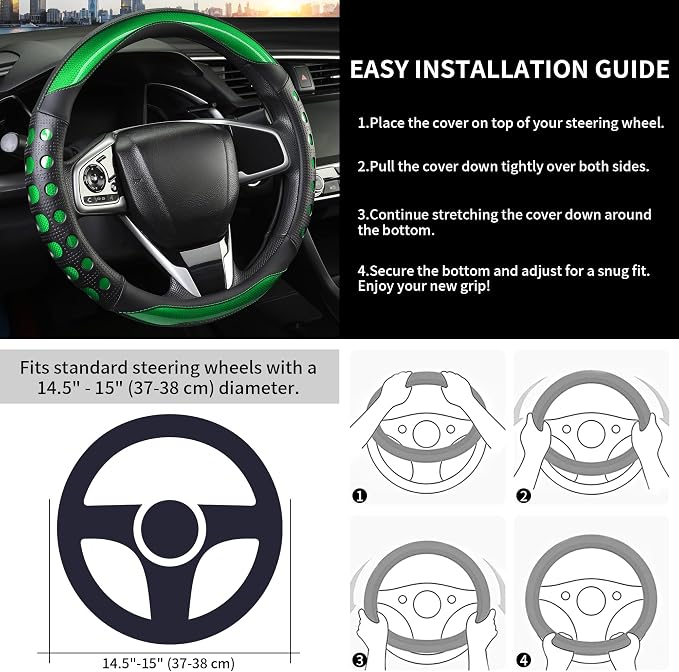 PU Leather Car Steering Wheel Cover with Anti-Slip Grip, for Women and Men, Universal Fit for 14.5-15 Inch Cars, Trucks, SUVs (Green (Round), Medium(Standard) Size[14 1/2''-15''])