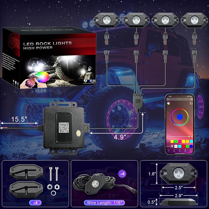 LivTee RGB LED Rock Lights Kit, 4 Pods Waterproof Underglow Neon Lights with Bluetooth App Control - Multi-Color & Music Sync Wheel Light for Trucks SUV UTV ATV RZR Golf Cart