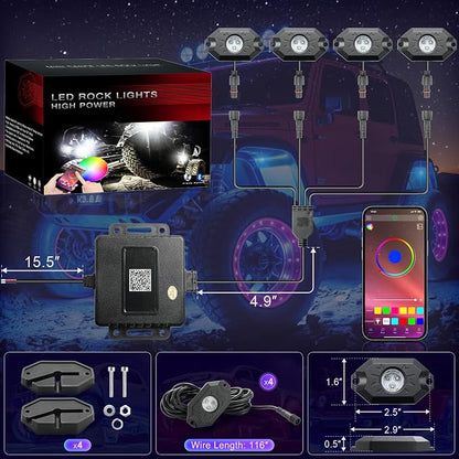 LivTee RGB LED Rock Lights Kit, 4 Pods Waterproof Underglow Neon Lights with Bluetooth App Control - Multi-Color & Music Sync Wheel Light for Trucks SUV UTV ATV RZR Golf Cart