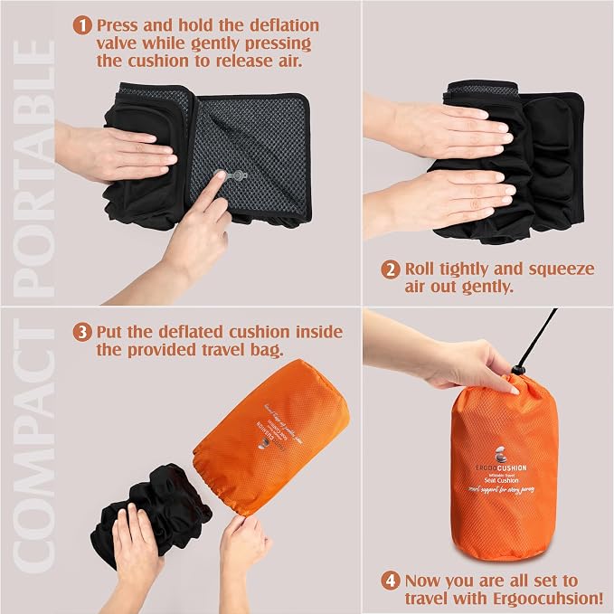Inflatable Travel Seat Cushion with Built‑in Manual Pump, Adjustable Firmness & Compact Storage –Firm Support for Airplane, Car & Office Chairs, Large Generous Fit 18x16x2.1", Carry Bag Included
