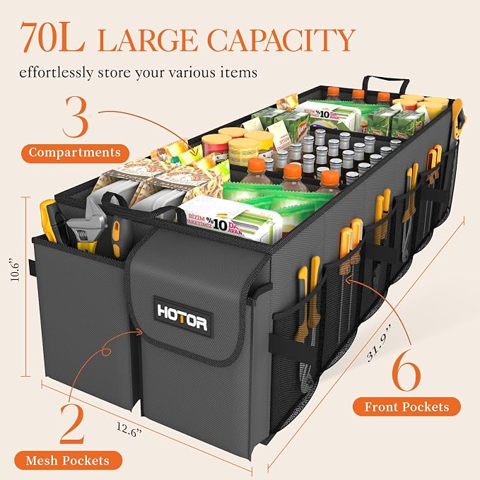 HOTOR Trunk Organizer for Car - Car Organizer, Foldable Trunk organizer for SUVs & Sedans, Sturdy Organization for Car Accessories, Tools, Sundries, Grey, 3 Compartments, 31.9"×12.6"×10.6"