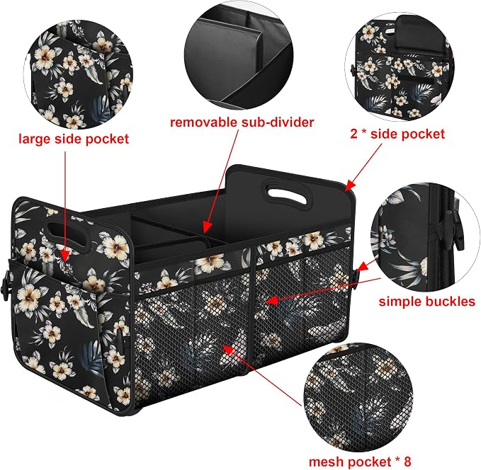 Femuar Car Trunk Organizer,Car Storage Organizer with 72L Large Capacity Waterproof Collapsible and 11 Pockets,Trunk Organizer for Car Suv/Jeep/Sedan, Large Size, Hibiscus flowers