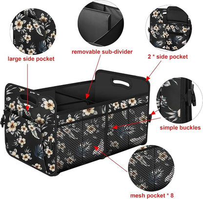 Femuar Car Trunk Organizer,Car Storage Organizer with 72L Large Capacity Waterproof Collapsible and 11 Pockets,Trunk Organizer for Car Suv/Jeep/Sedan, Large Size, Hibiscus flowers