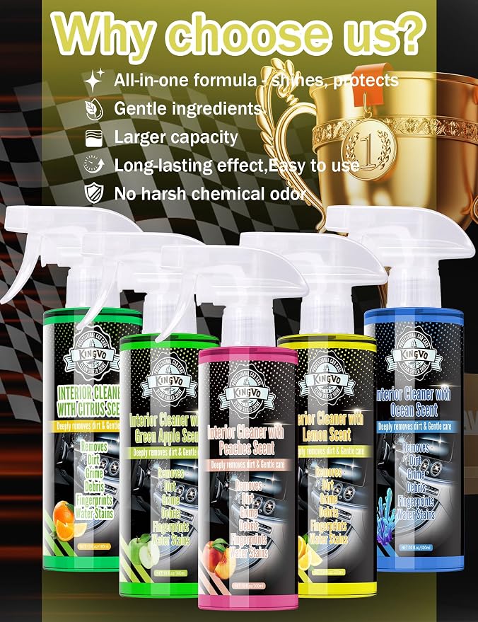 Kingvo Car Interior Cleaner, Interior Cleaner Carpet Dashboard Vinyl Sofa Leather Shiny Car Stuff Detailing Kit Cleaning Supplies,Lemon Scent