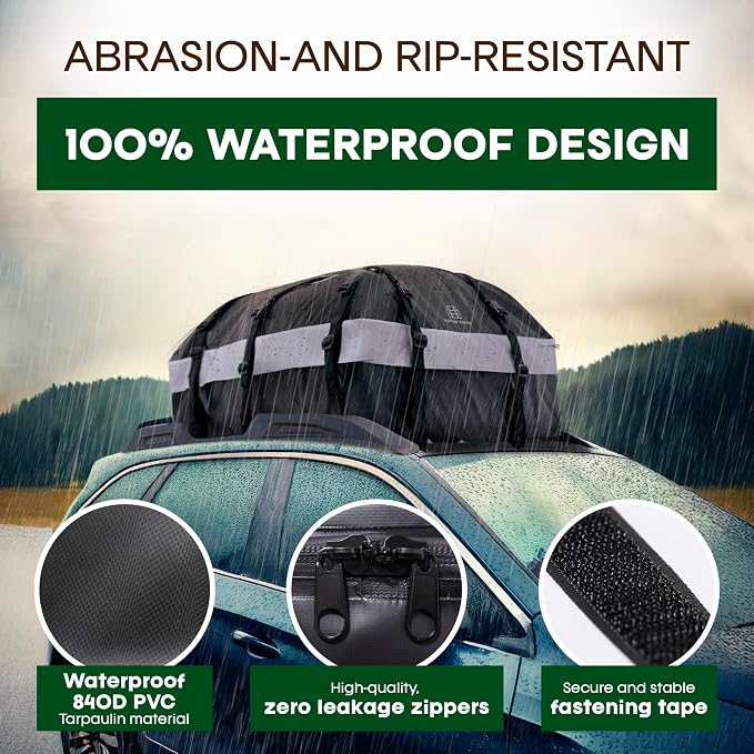 21 Cubic Feet Car Rooftop Soft Shell Cargo Carrier, 100% Waterproof - Car Storage for All Vehicle with/Without Racks - Attached Anti Slip Mat, Storage Bag, 6 Door Hooks and 6 Straps