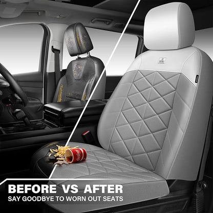 CAR PASS Memory Foam Leather Front Seat Covers, Waterproof Nappa Leather Seat Covers Front Seats Universal Fit for Cars,SUV,Truck Seat Covers Thick 3D Foam Comfortable, Airbag Compatible Gray White