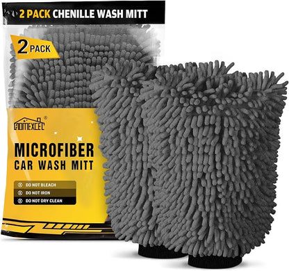 HOMEXCEL Car Wash Mitt, 2PK Chenille Microfiber Wash Mitt, Scratch-Free & Lint-Free, Rich Foam, Highly Absorbent, Double Sided, Perfect for Car Washing and Detailing, 10.2" x 6.7 ", Grey
