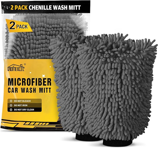 HOMEXCEL Car Wash Mitt, 2PK Chenille Microfiber Wash Mitt, Scratch-Free & Lint-Free, Rich Foam, Highly Absorbent, Double Sided, Perfect for Car Washing and Detailing, 10.2" x 6.7 ", Grey