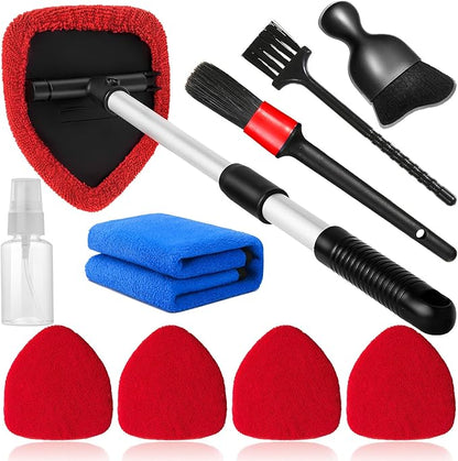 Qydipclin 10pcs Windshield Cleaning Tool Inside Car Window Cleaner Wash Kit with 4 Reusable Microfiber Pads 1 Spray Bottle and Extendable Handle Interior Auto Glass Wiper Kit, Red
