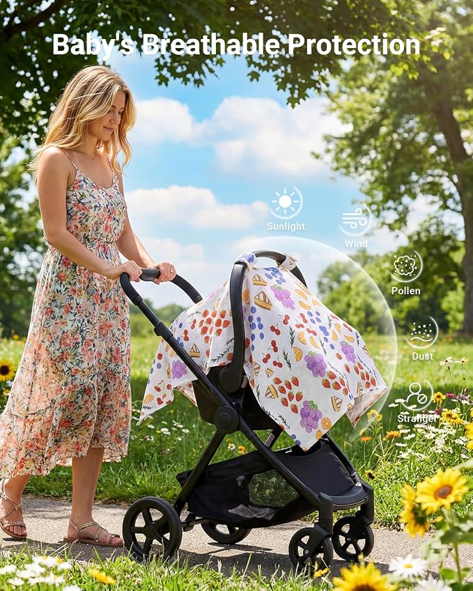 Rquite Car Seat Cover Baby for Girls Boys, 100% Muslin Cotton Infant Carseat Canopy, Soft Breathable Stroller Sun Shade & Newborn Shower Gift, Large Size Universal Fit Summer, Hot & Warm Weather