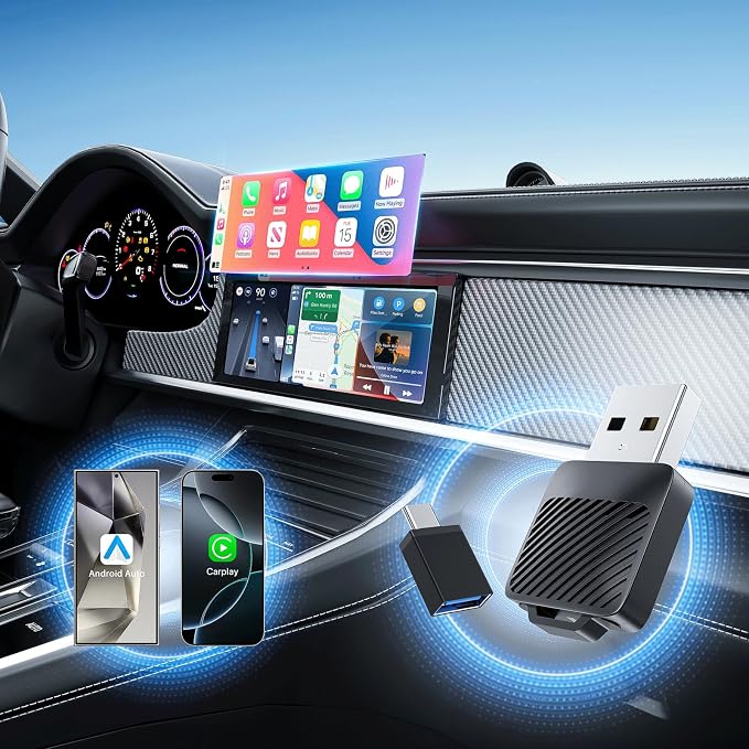 2-in-1 Wireless CarPlay & Android Auto Adapter, Mini USB Design for Cars with Built-in Wired Apple CarPlay 2025 Upgrade Plug & Play CarPlay Dongle Converts Wired CarPlay to Wireless, Fast Auto-Connect