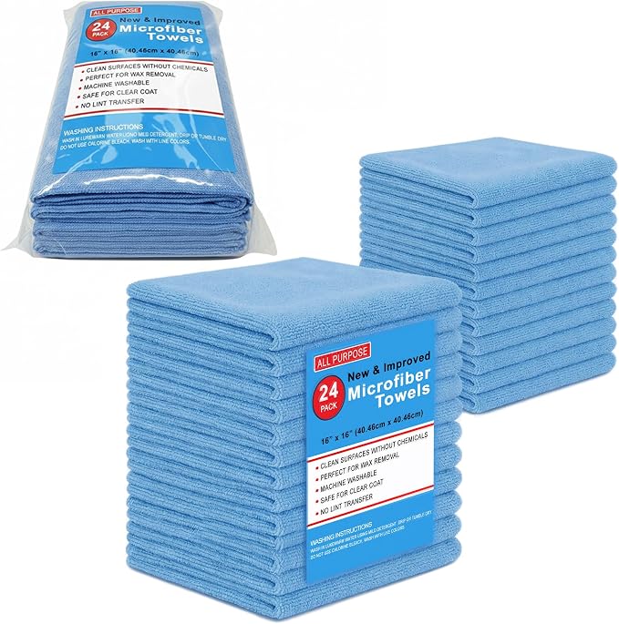Microfiber Cleaning Towels, Pack of 24, Ultra Soft Plush Washcloth, All Purpose Premium Microfiber Detailing Cleaning Cloths Reusable Shop Towels (16" x 16", Sky Blue)