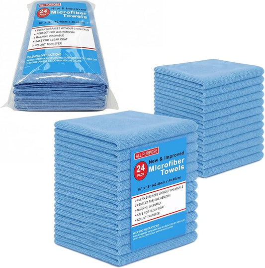 Microfiber Cleaning Towels, Pack of 24, Ultra Soft Plush Washcloth, All Purpose Premium Microfiber Detailing Cleaning Cloths Reusable Shop Towels (16" x 16", Sky Blue)