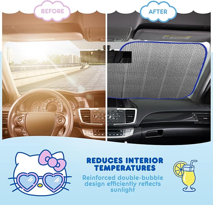 Hello Kitty Car Windshield Sun Shade - Officially Licensed Sanrio Cute Car Accessories for Women - Hello Kitty Accessories Sunshade for Front Windshield - Summer Sunshield Cars Window Shades
