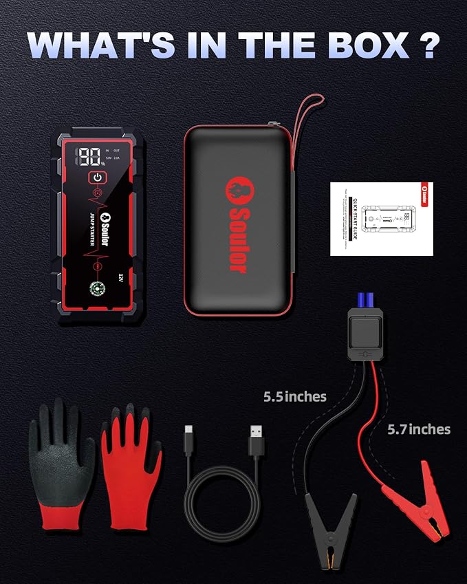 Jump Starter, Battery Jumper Starter Portable, Car Battery Jump Starter with 3 Modes Flashlight, Compass, Power Bank and Jumper Cable