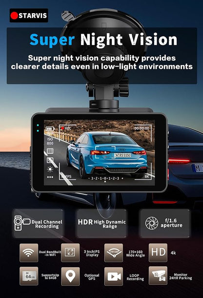 4K Dash Cam Front and Rear, G-Sensor, Free 64GB Card Included, 5.8GHz WiFi with Dash Camera for Cars, Time-Lapse Recording, 3" HD IPS, 24H Parking Mode,Night Vision