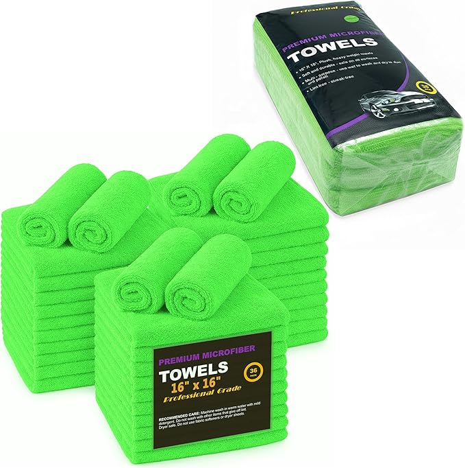 Green Large Microfiber Cleaning Towels,36-Pack Dual-Sided Ultra Soft Plush Washcloth, Professional Grade Premium Microfiber Detailing Cleaning Cloths, Car, Household and Commercial (Green, 16" X 16")