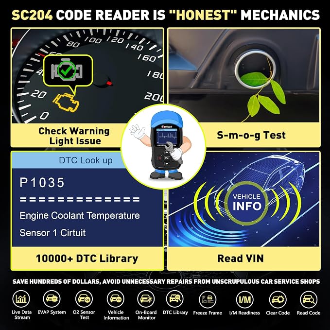 CGSULIT SC204 Enhanced OBD2 Scanner Diagnostic Tool, Check Engine Code Reader With Reset, Smog Check, Clear Code, Live Data & More, Car Code Readers & Scan Tools for All OBDII/EOBD Vehicles After 1996