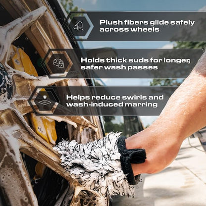Blackline Car Wheel Mitt -Premium Scratch Free Microfiber Wash Mitt for Automotive Cleaning|Car Detailing Accessory Works with Bucket, or Foam Cannon | 70%/30% Microfiber Blend