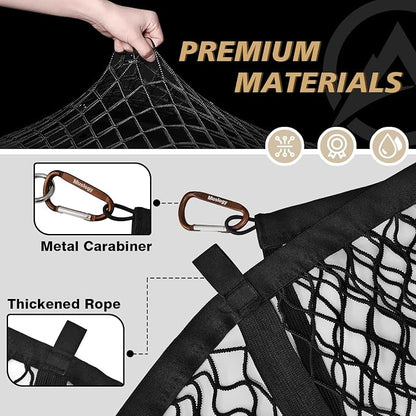 Muslogy Truck Bed Cargo Net Trunk Netting Compatible with Pickup Bed Stretchable 4'x4' to 7'x7' Accessories, Pickup Cargo Organizer ATV SUV UTV Truck&Boat Sedan Storage Net w/Heavy Duty Carabiners
