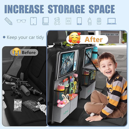 Plzpik Car Backseat Organizer with Tablet Holder,11 Storage Pockets with Foldable Food Tray, Protector Kick Mats for Kids, Travel Accessories Organizer (Gray, 2Pack with Food Tray)