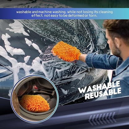 wuyaoyao 2PCS Car Wash Mitt, 10.14"×7.12" Chenille Microfiber Car Wash Mitts, Scratch-Free & Lint-Free, Absorbent Double Sided Clean Glove for Cars Cleaning, Auto Cleaning Supplies (Orange)