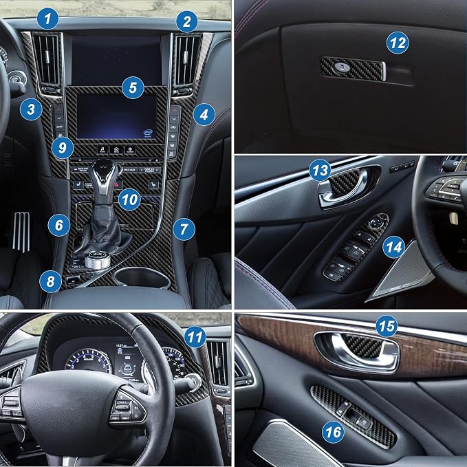 31PCS Real Carbon Fiber Interior Trim Kit Compatible with Infiniti Q50 2014-2024 & Q60 2017–2022, Interior Decor Sticker Accessories