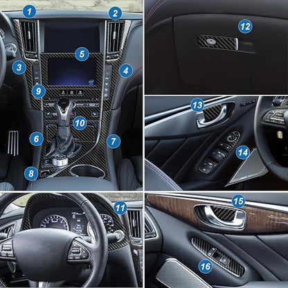 31PCS Real Carbon Fiber Interior Trim Kit Compatible with Infiniti Q50 2014-2024 & Q60 2017–2022, Interior Decor Sticker Accessories