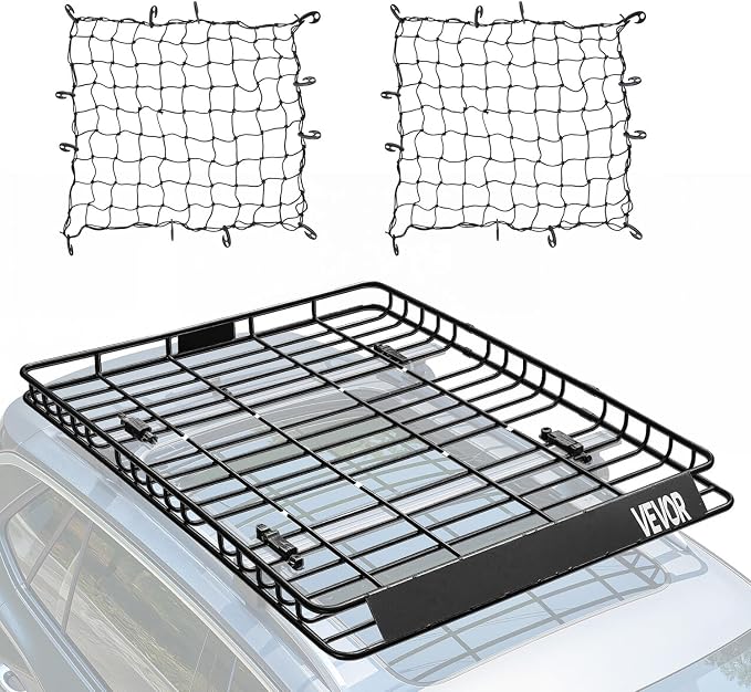 VEVOR Roof Rack Basket, 64 x 50 x 4.1 in, Universal Rooftop Cargo Carrier with Two 35.4 x 39.4 in Cargo Net,150 lbs Max Car Top Luggage Holder, 4.1 in Fence, Anti-Rust Alloy Steel, for SUV Truck Car