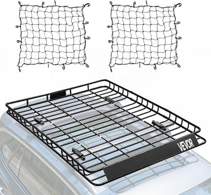 VEVOR Roof Rack Basket, 64 x 50 x 4.1 in, Universal Rooftop Cargo Carrier with Two 35.4 x 39.4 in Cargo Net,150 lbs Max Car Top Luggage Holder, 4.1 in Fence, Anti-Rust Alloy Steel, for SUV Truck Car