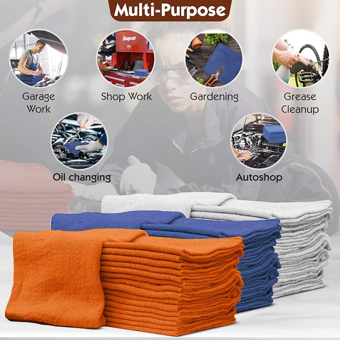 Nabob Wipers Auto Mechanic Shop Towels 25 Pack Bulk Shop Rags 100% Cotton Size 14"x14" Commercial Grade (25 Pack, Blue)