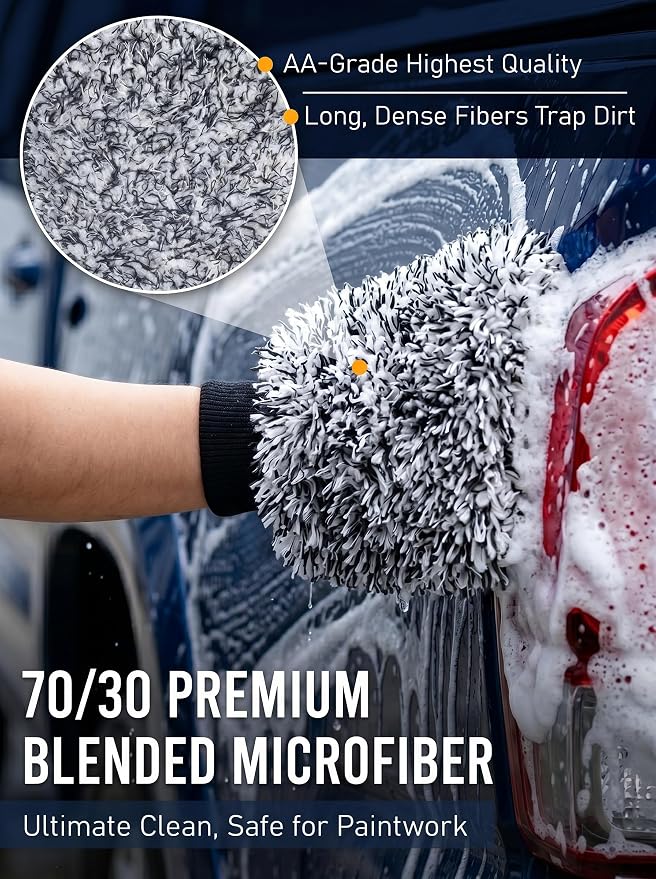 TAKAVU Car Wash Mitt Scratch Free, 2 Pack Microfiber Wash Mitts for Auto Detailing, Soft Lint Free Cleaning Gloves, Holds Sudsy Water, Machine Washable (Black & White)