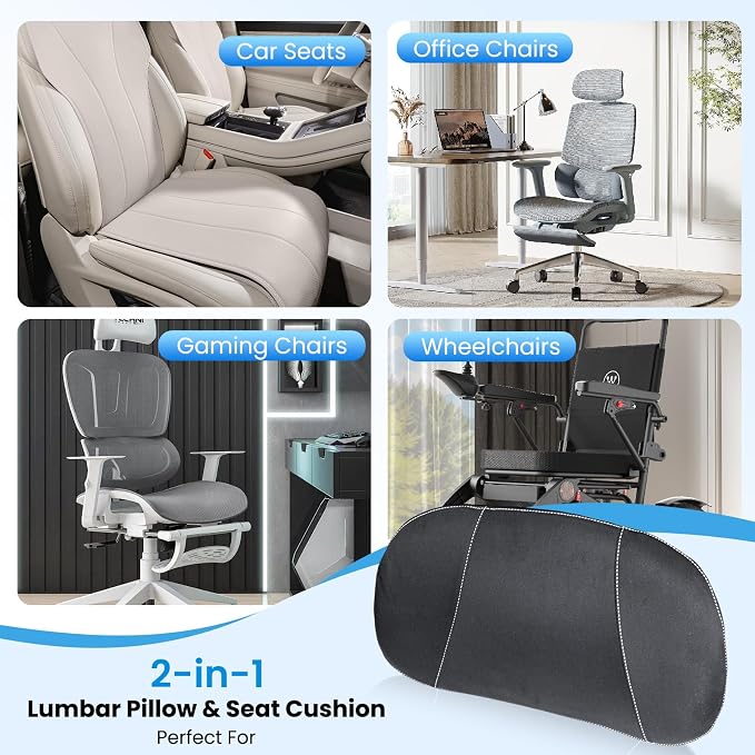 Car Lumbar Support Pillow for Driving, 2-in-1 Seat Cushion | Ergonomic Memory Foam for Driving Comfort, Improves Posture, Breathable Fabric, Fits Cars, Trucks & Office Chairs