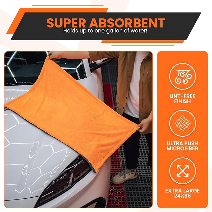 24"x36" Twisted Loop Car Drying Towel & Wash Mitt | 1200GSM Ultra Thick & Absorbent Detailing Towels | Large Microfiber Cleaning Cloth for Washing & Polishing | Micro Fiber Rags for Car Care