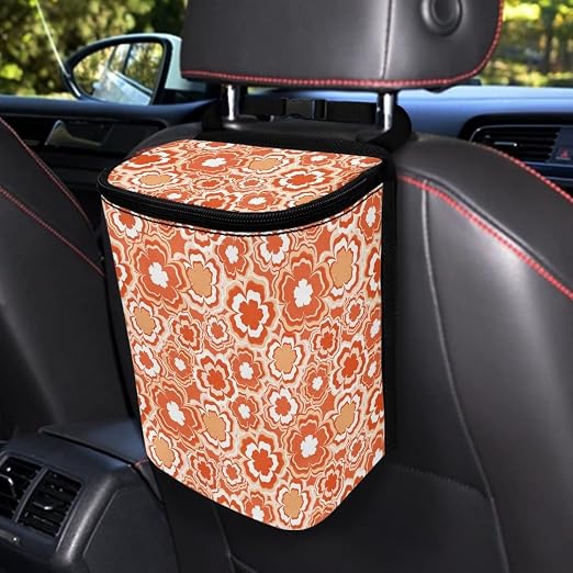 Groovy Orange Sunflower 70S 80S Abstract Print Car Accessories Trash Can for Women Auto Interior Decorations Multipurpose Garbage Can with Lid and Zipper Portable Trash Bin Organizer