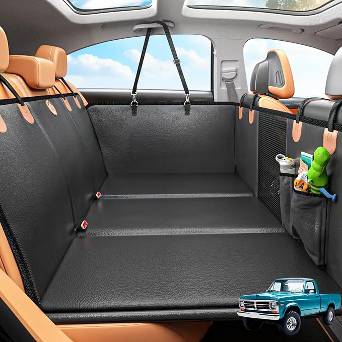 MYJAQI Back Seat Extender for Dogs, Hard Bottom Dog Car Seat Cover for Truck Back Seat, Dog Hammock for Car, Upgraded PU Leather Material, Larger Space, Holds 400lbs