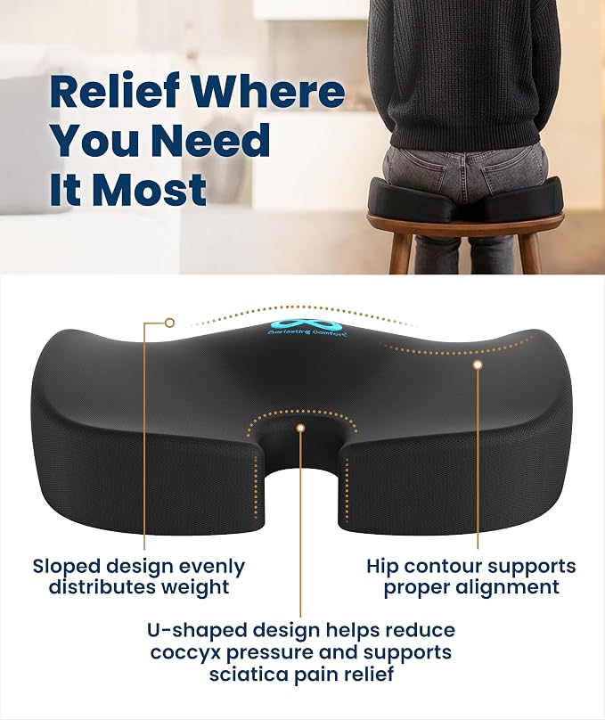 Everlasting Comfort Doctor Recommended Memory Foam Seat Cushion for Office Chairs & Car - Ergonomic Office Desk Accessories - Cushions for Tailbone Pain Relief, Sciatica (Black Airflow, Large)