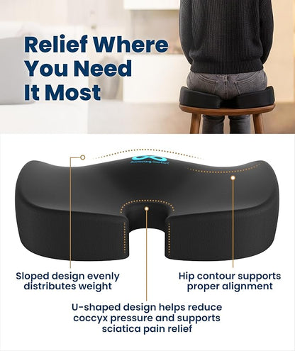 Everlasting Comfort Doctor Recommended Memory Foam Seat Cushion for Office Chairs & Car - Ergonomic Office Desk Accessories - Cushions for Tailbone Pain Relief, Sciatica (Black Airflow, Large)