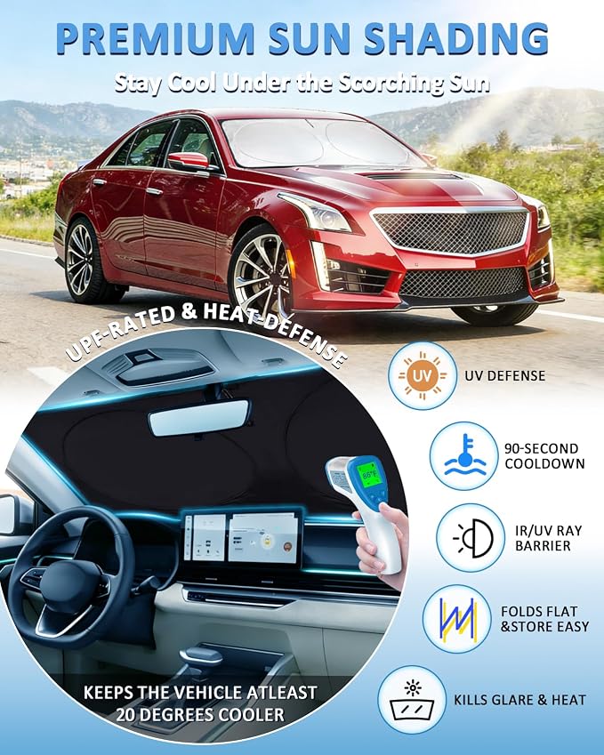 Windshield Sun Shade for Cadillac CTS 2014-2019, Custom-Fit CTS Sun Visor Protector, 99% UV Block Heat Sun Shield, Silver Reflective Front Window Sunshade