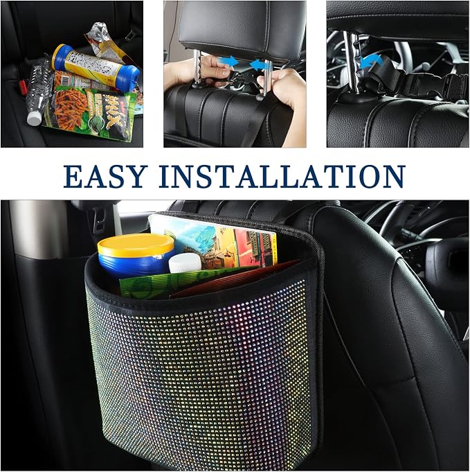 Cavalcade Car Back Seat Organizer, Bling Hanging Pocket, Large Seat Back Travel Caddy Bag, Diamond Trash Bin Garbage Container (Multicolor)