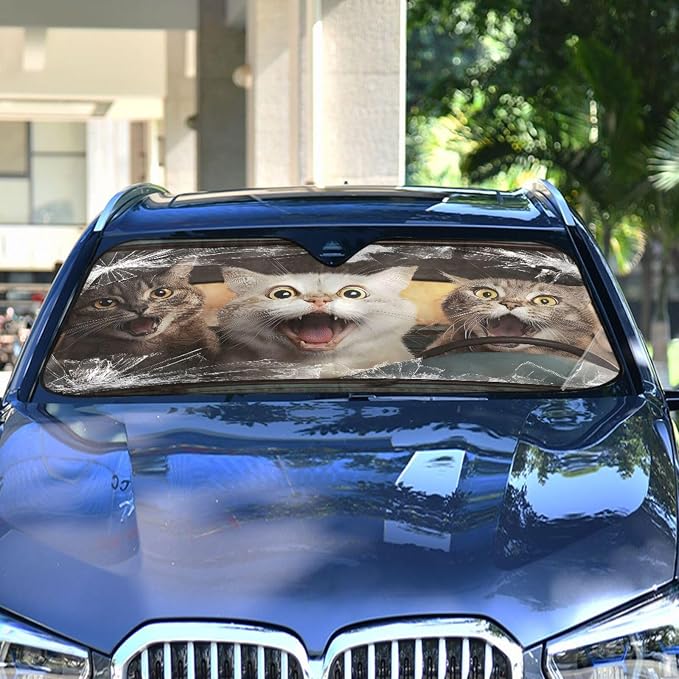 Funny Cats Drive Windshield Sun Shade for Car Auto SUV Truck Foldable Front Window Sunshade Sun Visor Protector Block UV Rays Reflect Heat, 55" x 28"